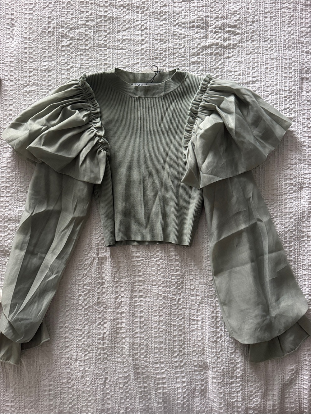Zara Sage Green Puff-Sleeve Knit Top - Women